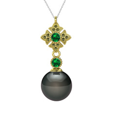 Teimei İnci Kolye - Siyah inci, yeşil kuvars ve peridot 14 ayar altın kolye (40 cm beyaz altın rolo zincir) #1xnitpg
