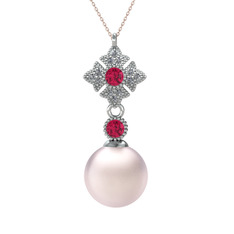 Pembe inci, rodolit garnet ve pırlanta 8 ayar beyaz altın kolye (0.1056 karat, 40 cm rose altın rolo zincir)