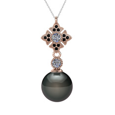 Teimei İnci Kolye - Siyah inci, pırlanta ve siyah zirkon 14 ayar rose altın kolye (0.22 karat, 40 cm beyaz altın rolo zincir) #1xo92kn