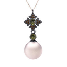 Teimei İnci Kolye - Pembe inci, peridot ve dumanlı kuvars 925 ayar siyah rodyum kaplama gümüş kolye (40 cm rose altın rolo zincir) #1xtgh1v
