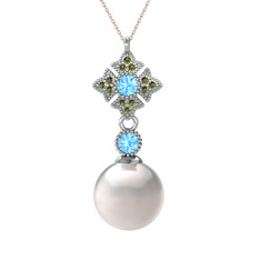 Teimei İnci Kolye - Inci, akuamarin ve peridot 8 ayar beyaz altın kolye (40 cm rose altın rolo zincir) #1y7lp99