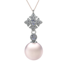 Pembe inci ve pırlanta 8 ayar beyaz altın kolye (0.3256 karat, 40 cm rose altın rolo zincir)