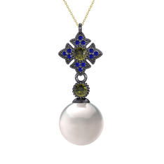 Teimei İnci Kolye - Inci, peridot ve lab safir 925 ayar siyah rodyum kaplama gümüş kolye (40 cm altın rolo zincir) #1yszlxv