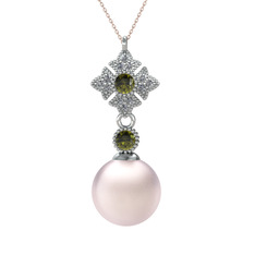 Pembe inci, peridot ve pırlanta 14 ayar beyaz altın kolye (0.1056 karat, 40 cm rose altın rolo zincir)