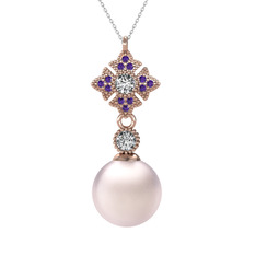 Pembe inci, beyaz zirkon ve ametist 14 ayar rose altın kolye (40 cm gümüş rolo zincir)