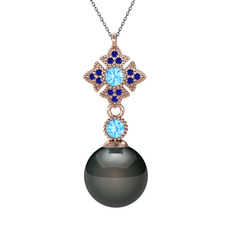Teimei İnci Kolye - Siyah inci, akuamarin ve lab safir 8 ayar rose altın kolye (40 cm gümüş rolo zincir) #2wjejf