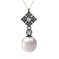 Teimei İnci Kolye - Inci, beyaz zirkon ve peridot 925 ayar siyah rodyum kaplama gümüş kolye (40 cm rose altın rolo zincir) #2wv89w