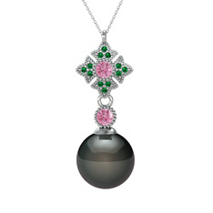 Teimei İnci Kolye - Siyah inci, pembe kuvars ve yeşil kuvars 14 ayar beyaz altın kolye (40 cm beyaz altın rolo zincir) #2zmxmw