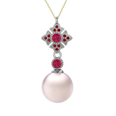 Pembe inci, rodolit garnet ve garnet 8 ayar beyaz altın kolye (40 cm altın rolo zincir)