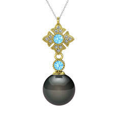Teimei İnci Kolye - Siyah inci, akuamarin ve beyaz zirkon 14 ayar altın kolye (40 cm beyaz altın rolo zincir) #33rqo0