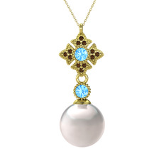 Inci, akuamarin ve dumanlı kuvars 14 ayar altın kolye (40 cm gümüş rolo zincir)