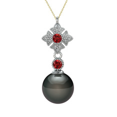 Siyah inci, garnet ve beyaz zirkon 925 ayar gümüş kolye (40 cm altın rolo zincir)