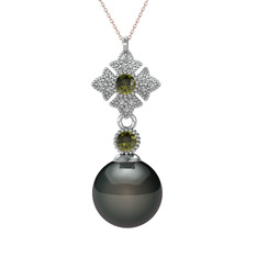 Siyah inci, peridot ve beyaz zirkon 14 ayar beyaz altın kolye (40 cm rose altın rolo zincir)