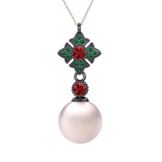 Teimei İnci Kolye - Pembe inci, garnet ve yeşil kuvars 925 ayar siyah rodyum kaplama gümüş kolye (40 cm rose altın rolo zincir) #3geff3