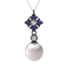 Inci, beyaz zirkon ve lab safir 925 ayar siyah rodyum kaplama gümüş kolye (40 cm rose altın rolo zincir)