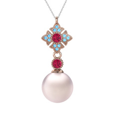 Pembe inci, rodolit garnet ve akuamarin 8 ayar rose altın kolye (40 cm gümüş rolo zincir)