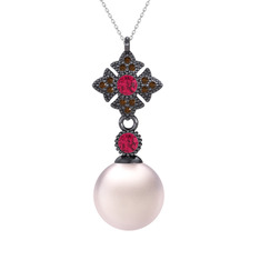 Teimei İnci Kolye - Pembe inci, rodolit garnet ve dumanlı kuvars 925 ayar siyah rodyum kaplama gümüş kolye (40 cm gümüş rolo zincir) #40xm4x