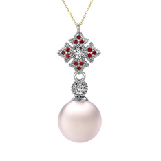 Pembe inci, beyaz zirkon ve garnet 925 ayar gümüş kolye (40 cm gümüş rolo zincir)