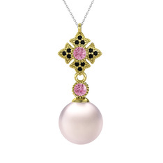 Pembe inci, pembe kuvars ve siyah zirkon 8 ayar altın kolye (40 cm beyaz altın rolo zincir)