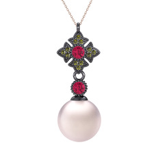 Teimei İnci Kolye - Pembe inci, rodolit garnet ve peridot 925 ayar siyah rodyum kaplama gümüş kolye (40 cm gümüş rolo zincir) #4zhviu