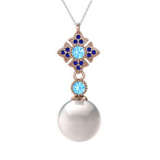 Teimei İnci Kolye - Inci, akuamarin ve lab safir 14 ayar rose altın kolye (40 cm gümüş rolo zincir) #54ytsr