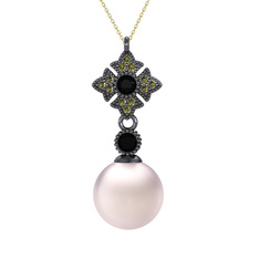 Teimei İnci Kolye - Pembe inci, siyah zirkon ve peridot 925 ayar siyah rodyum kaplama gümüş kolye (40 cm altın rolo zincir) #58pybd