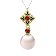 Pembe inci, garnet ve siyah zirkon 14 ayar altın kolye (40 cm beyaz altın rolo zincir)