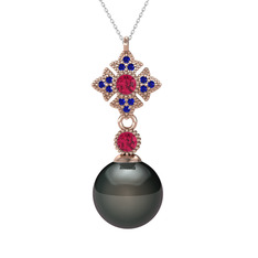 Siyah inci, rodolit garnet ve lab safir 925 ayar rose altın kaplama gümüş kolye (40 cm beyaz altın rolo zincir)