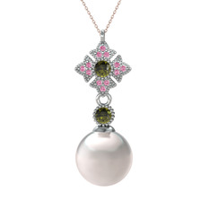Teimei İnci Kolye - Inci, peridot ve pembe kuvars 8 ayar beyaz altın kolye (40 cm rose altın rolo zincir) #5kuqh3