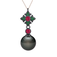 Teimei İnci Kolye - Siyah inci, rodolit garnet ve yeşil kuvars 925 ayar siyah rodyum kaplama gümüş kolye (40 cm rose altın rolo zincir) #5lcj0w