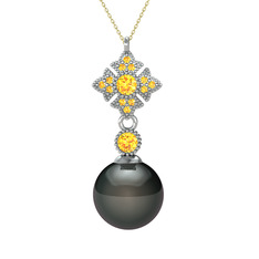 Teimei İnci Kolye - Siyah inci ve sitrin 8 ayar beyaz altın kolye (40 cm altın rolo zincir) #5r99np