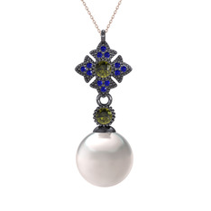 Teimei İnci Kolye - Inci, peridot ve lab safir 925 ayar siyah rodyum kaplama gümüş kolye (40 cm rose altın rolo zincir) #66qeau