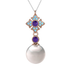 Teimei İnci Kolye - Inci, ametist ve akuamarin 14 ayar rose altın kolye (40 cm gümüş rolo zincir) #68r0qg