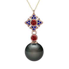 Teimei İnci Kolye - Siyah inci, garnet ve lab safir 8 ayar rose altın kolye (40 cm altın rolo zincir) #6eocu1