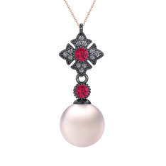 Teimei İnci Kolye - Pembe inci, rodolit garnet ve pırlanta 925 ayar siyah rodyum kaplama gümüş kolye (0.1056 karat, 40 cm rose altın rolo zincir) #6fi4n0