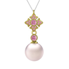 Teimei İnci Kolye - Pembe inci ve pembe kuvars 8 ayar altın kolye (40 cm beyaz altın rolo zincir) #6k165s