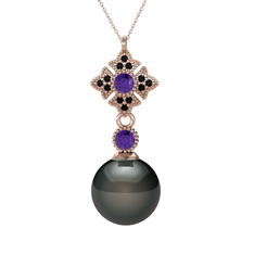 Teimei İnci Kolye - Siyah inci, ametist ve siyah zirkon 8 ayar rose altın kolye (40 cm rose altın rolo zincir) #70lq3x