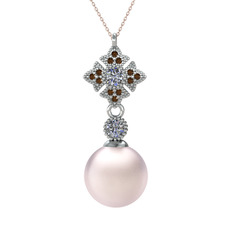 Pembe inci, pırlanta ve dumanlı kuvars 14 ayar beyaz altın kolye (0.22 karat, 40 cm rose altın rolo zincir)