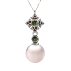 Teimei İnci Kolye - Pembe inci, peridot ve dumanlı kuvars 8 ayar beyaz altın kolye (40 cm rose altın rolo zincir) #7ftiwu