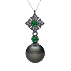 Teimei İnci Kolye - Siyah inci, yeşil kuvars ve pırlanta 925 ayar siyah rodyum kaplama gümüş kolye (0.1056 karat, 40 cm beyaz altın rolo zincir) #7qgfjf