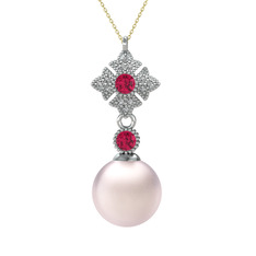 Pembe inci, rodolit garnet ve beyaz zirkon 925 ayar gümüş kolye (40 cm altın rolo zincir)