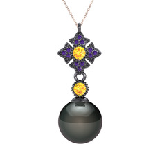 Teimei İnci Kolye - Siyah inci, sitrin ve ametist 925 ayar siyah rodyum kaplama gümüş kolye (40 cm rose altın rolo zincir) #7zmhk3