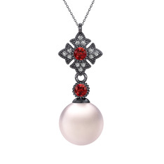 Teimei İnci Kolye - Pembe inci, garnet ve beyaz zirkon 925 ayar siyah rodyum kaplama gümüş kolye (40 cm gümüş rolo zincir) #8exji1