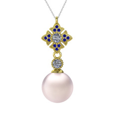 Teimei İnci Kolye - Pembe inci, pırlanta ve lab safir 8 ayar altın kolye (0.22 karat, 40 cm beyaz altın rolo zincir) #90lrzv
