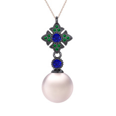 Teimei İnci Kolye - Pembe inci, lab safir ve yeşil kuvars 925 ayar siyah rodyum kaplama gümüş kolye (40 cm rose altın rolo zincir) #93cr87