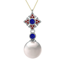 Teimei İnci Kolye - Inci, lab safir ve garnet 8 ayar beyaz altın kolye (40 cm altın rolo zincir) #9p2feo