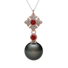 Teimei İnci Kolye - Siyah inci, garnet ve pırlanta 8 ayar rose altın kolye (0.1056 karat, 40 cm gümüş rolo zincir) #9ygig4