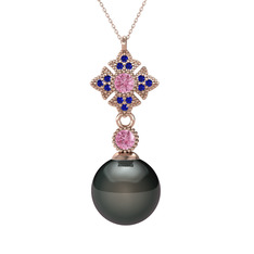 Teimei İnci Kolye - Siyah inci, pembe kuvars ve lab safir 14 ayar rose altın kolye (40 cm gümüş rolo zincir) #ag2xb4