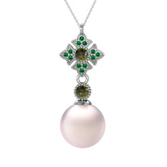 Teimei İnci Kolye - Pembe inci, peridot ve yeşil kuvars 8 ayar beyaz altın kolye (40 cm gümüş rolo zincir) #agwkrh