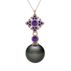 Teimei İnci Kolye - Siyah inci, ametist ve lab safir 8 ayar rose altın kolye (40 cm rose altın rolo zincir) #apgxjw